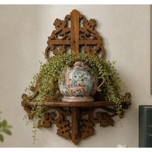 Vintage Hand Carved Wood Wall‎ Shelf Ornate Scrollwork Cottagecore Cross